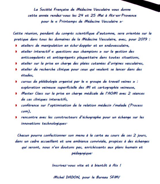 <a href="/lasfmv/">SFMV</a> <a href="/SBensedrine/">Sophia BENSEDRINE</a> <a href="/LaurentBertole1/">Laurent Bertoletti</a> <a href="/ClubVasculaire/">Club des Jeunes Médecins Vasculaires</a> @AJeunesMedVasc <a href="/JurusDr/">Christine Jurus</a> <a href="/verocomte_pau/">verocomte</a> <a href="/lina_2411/">Lina KHIDER</a> <a href="/gabrielleSBart/">Gabrielle Sarlon B</a> <a href="/GMahe_/">Guillaume Mahé MDPhD</a> <a href="/GMahe_/">Guillaume Mahé MDPhD</a>