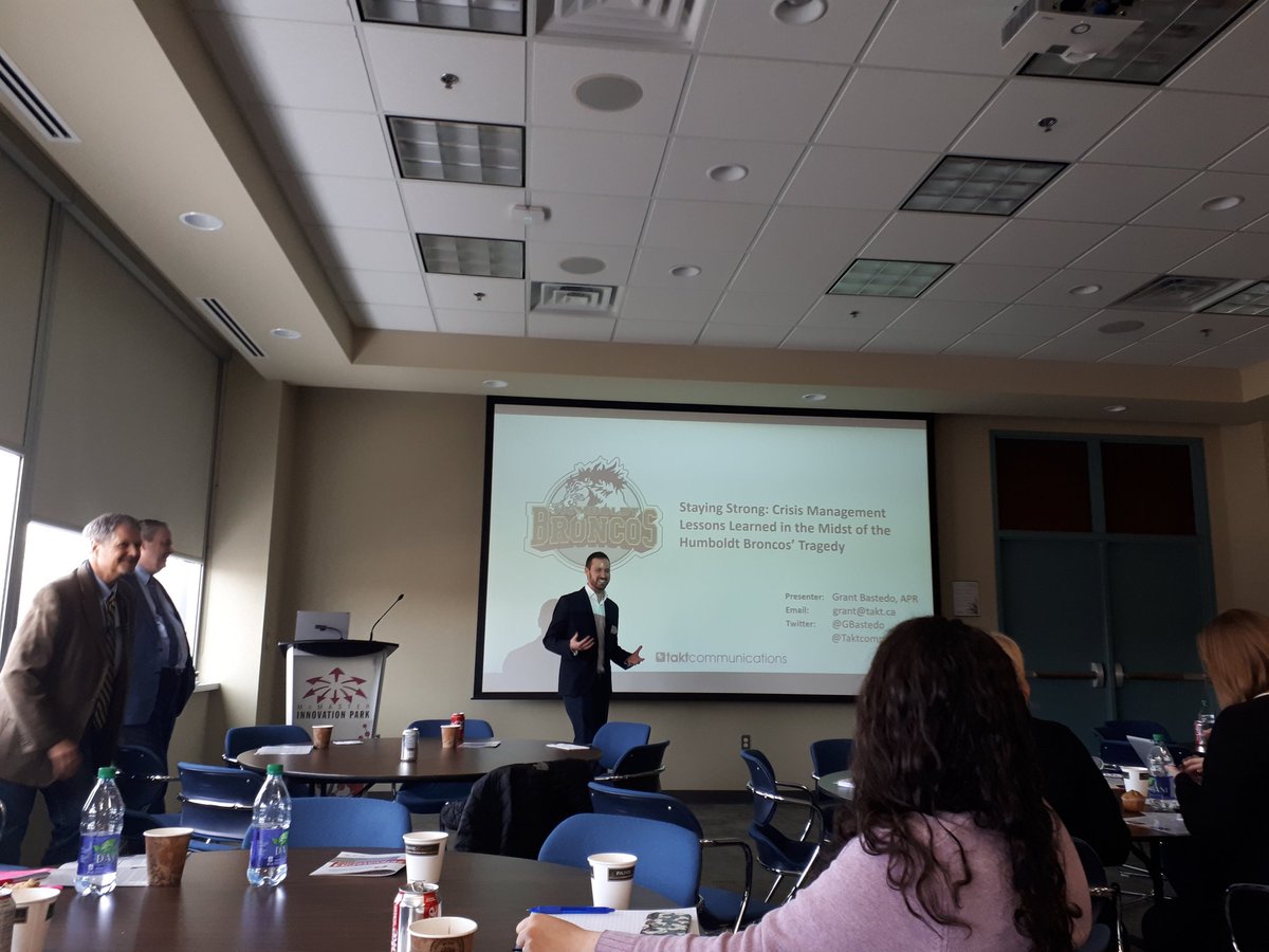 CPRSHamilton's tweet photo. Co-President @DustinManley introducing our next speaker @GBastedo at #ElevatePR4. Sharing his crisis management lessons learned in the midst of the Humboldt Broncos tragedy one year ago. https://t.co/kOSitpl89f