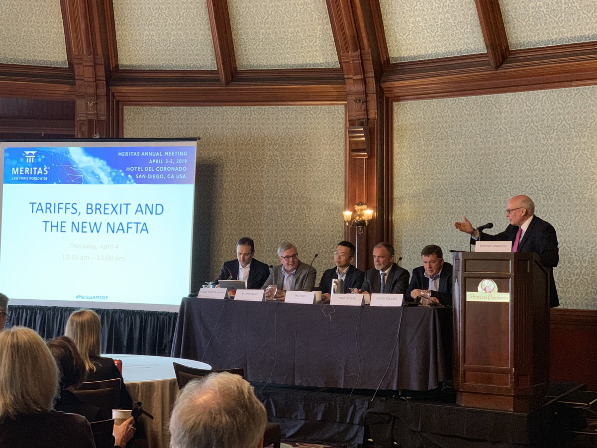 DawnI_MN's tweet photo. “Certainty is a critical word for commerce and trade” A distinguished panel of lawyers from our @MeritasLawFirms in the US, Mexico, Europe and China discussing one of the most important global topics today - Tariffs, Brexit and the new NAFTA. #MeritasAM2019 https://t.co/KrXx3dz7Ku