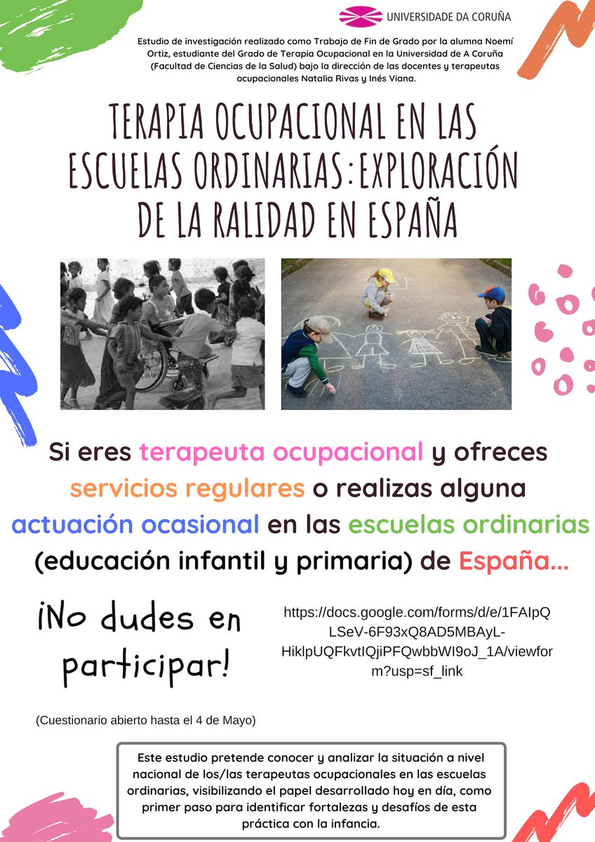 noemi_0397's tweet image. Estudio de investigación &quot;Terapia Ocupacional en escuelas ordinarias: exploración de la realidad en España&quot;.
docs.google.com/forms/d/e/1FAI… … 
¡Se agradece difusión!
@coptoa @COTOGA_Galicia @COPTOP @Cotoib @APTOCA @cantabria_TO @COPTOCYL @AsociacionApeto @etole_to @coptoex @COPTOCAM