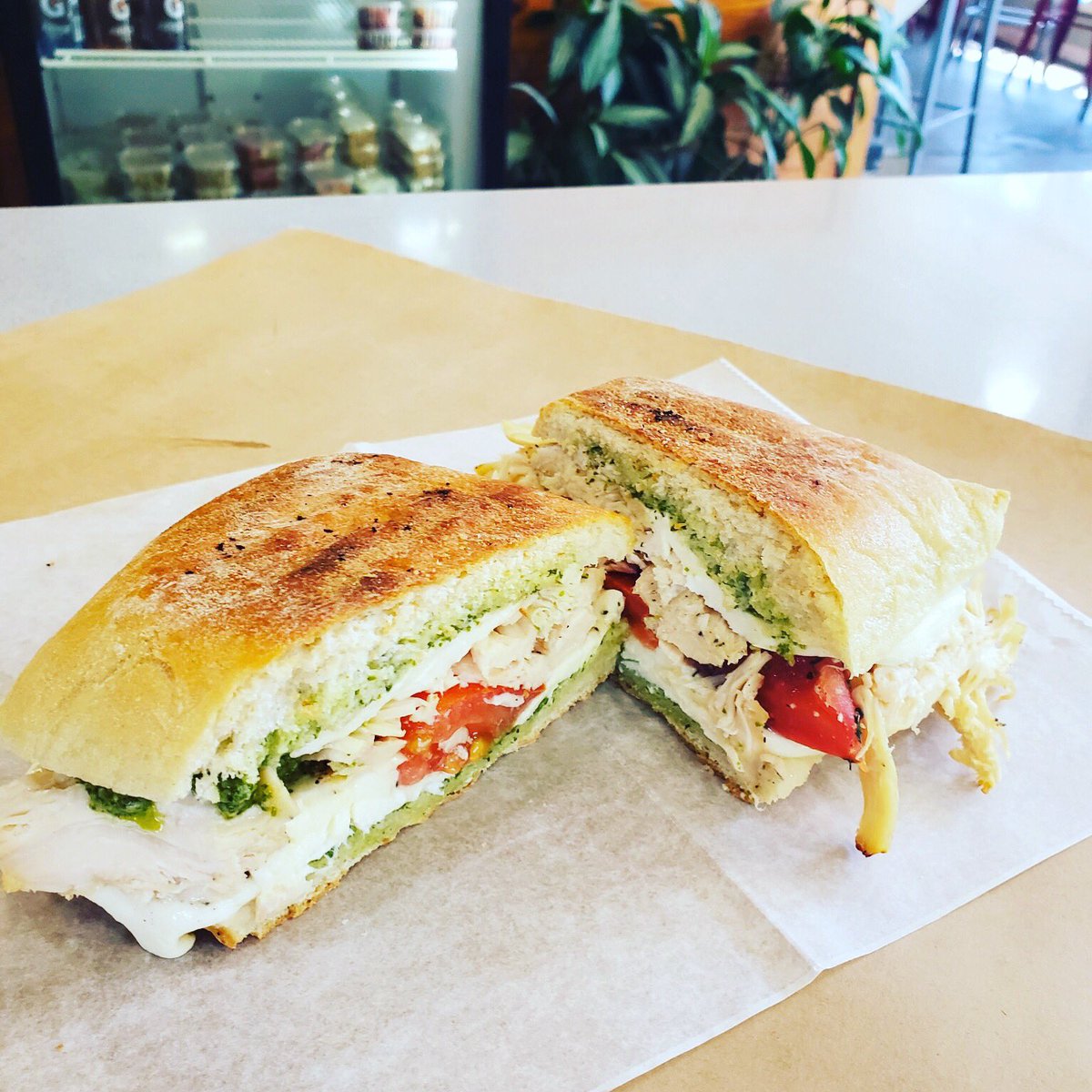 persimmoncafe's tweet image. Roasted chicken panini with pesto, marinated tomatoes and fresh mozzarella