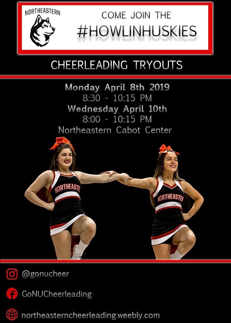 GoNUCheer's tweet photo. Northeastern Cheerleading Tryouts 2019/2020
-When: April 8 (8:30 pm-10:15 pm) &amp; 10 (8:00 pm- 10:15 pm)
-Where: Cabot Center
You can find more information on our website (link in bio)

Can’t wait to see you Huskies there🐾❤️ https://t.co/BqyPmiPtze