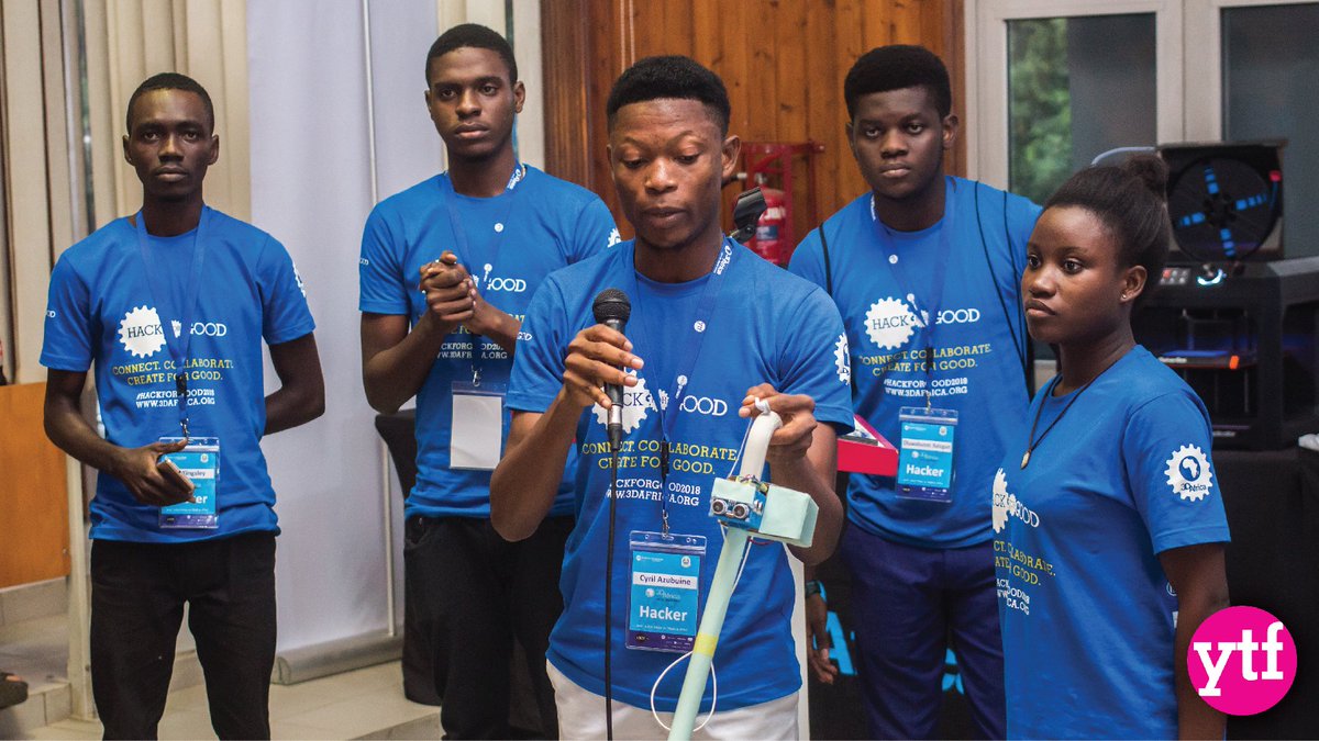 YouthForTech's tweet photo. Winner of the #3DAfrica #HackForGood2018 competition, the Smart Path Finder is a walking stick that uses sensors &amp; audio cues to enable visually-impaired people to avoid obstacles.

YTF Ambassador Joyce Adelusi will give demonstrations of the GPS-enabled, voice-activated device. https://t.co/siwwwZ9QNF