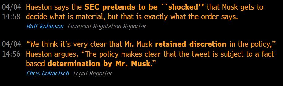 DonutShorts's tweet photo. Musk's lawyer: how naive of the SEC to think that Musk would actually run his tweets by a lawyer. Have a feeling that discretion is going to be revoked. $TSLA https://t.co/OfqDO9hlSE