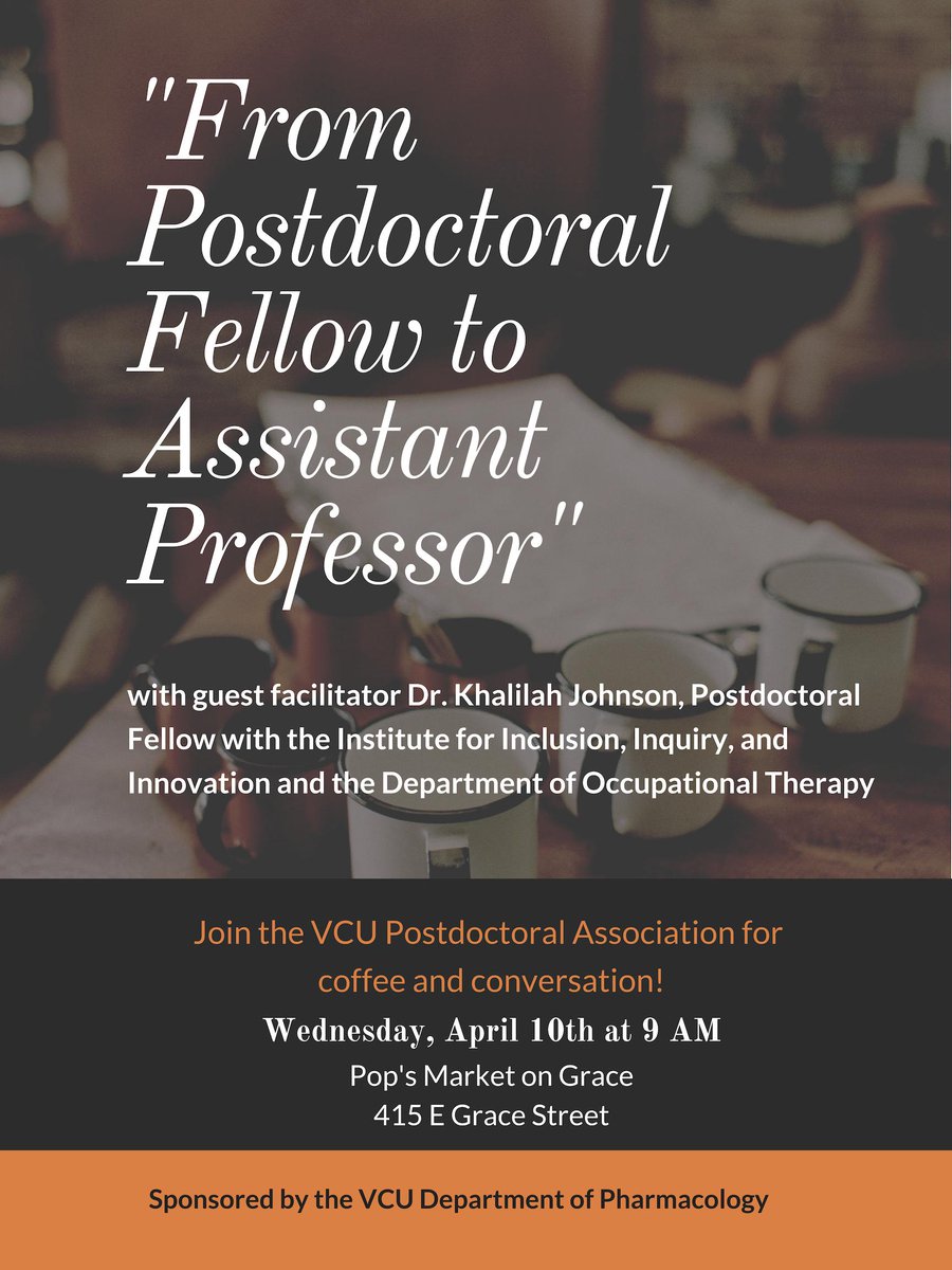 VCU_PDA's tweet photo. Join us next week, April 10th, for #CoffeeandConversation with #VCUpostdoc Dr. Khalilah Johnson (@OccScienceBae) as she shares her experience successfully securing an Assistant Professor position! #postdoclife #academicjobsearch https://t.co/vXFR92FfC6
