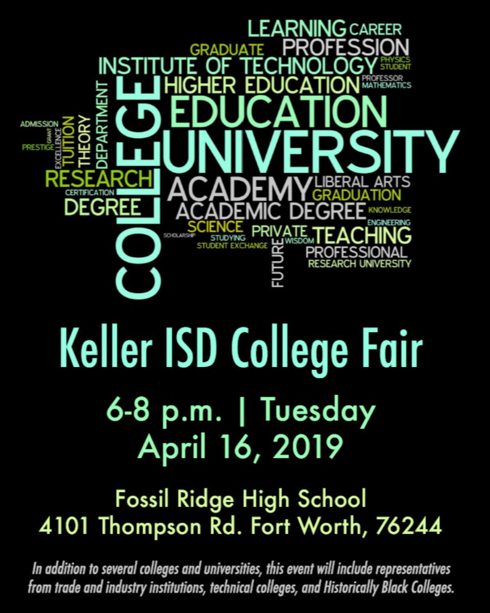 Calling all #CollegeBoundPanthers! Mark your calendar! The Keller ISD College Fair is coming to Fossil Ridge on April 16th.