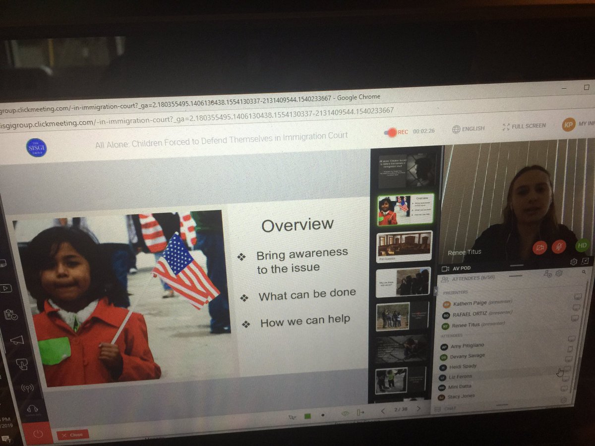 DuneKat14's tweet photo. #SocialGood Webinar Week presented by @Sisgigroup @BeyondGoodIdeas continues. Up now is our @MSWatUSC SISGI Intern Renee Titus presenting on children in #ImmigrationCourts #MacroSW #AlsoSW @SocialWorkPulse 1 Webinar left this week. @CRISPontheHill @DrKristie https://t.co/8gQJTQFHgb