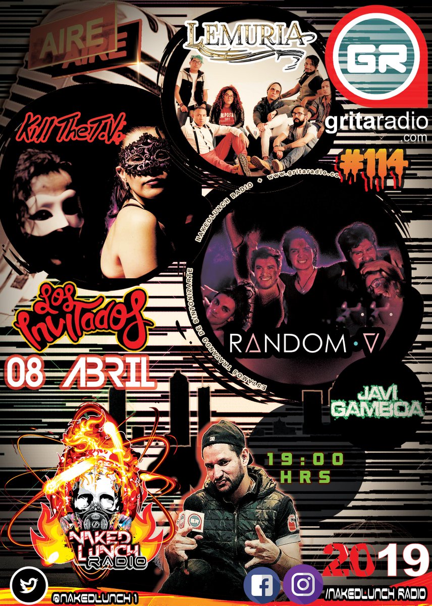 nakedlunchgr's tweet photo. Lunes 8 Abril #programa114 #Lemuria (7a730pm) @KillTheTV2  que nos vienen a platicar del estreno de su nuevo video #manía @Elbajocircuito (730a8pm) y para cerrar @estereomatopeya @RandomV_Band #PostAmor #hellyeah (8a9 pm) @GritaRadioMusic #testamosintonizando #JaviGamboa https://t.co/37aXrQVY3g