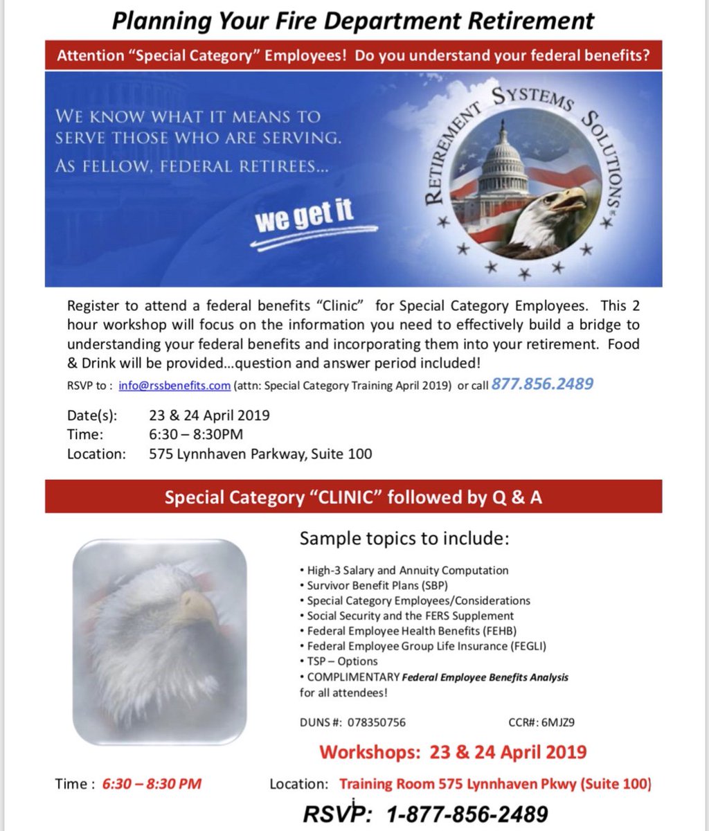 TidewaterFire's tweet photo. April 23rd &amp; 24th Special Category Retirement seminar.  RSVP @ 1-877-856-2489 https://t.co/E1T95F3zCb