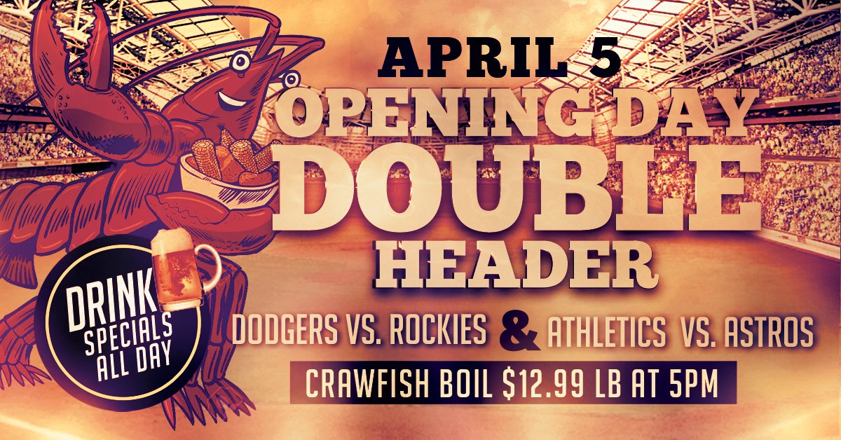 CarpeWhiskey's tweet photo. It’s a double header for Opening Day! Join us for baseball, drink specials, crawfish and live music after the games. #openingday #rockies #astros #mlb #societydenver https://t.co/CC3oZ6MTcZ