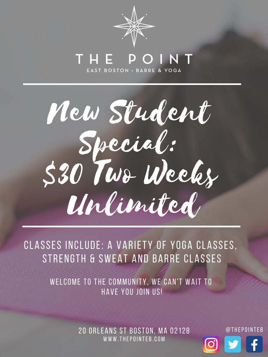 ThePointEB's tweet image. Our new student special is the best way to try is out! Two weeks of unlimited classes for $30. Take as many yoga &amp;amp; barre classes as you want. It’s time to hit the mat and flow with us! Sign up today at thepointeb.com 💗🌸. #bostonyoga