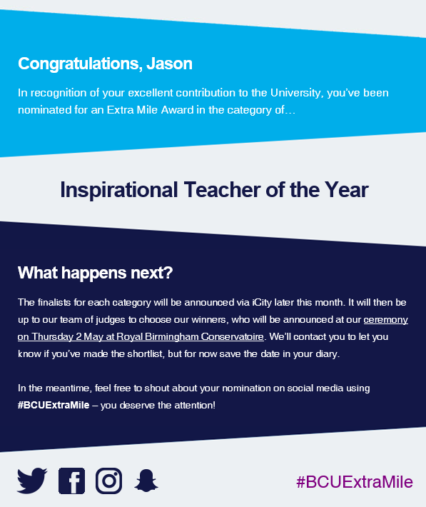 Wow! Wasn't expecting this in my inbox today! I've only been with BCU since August but i'm proud to hear i've inspired someone :D Thank you #BCUExtraMile