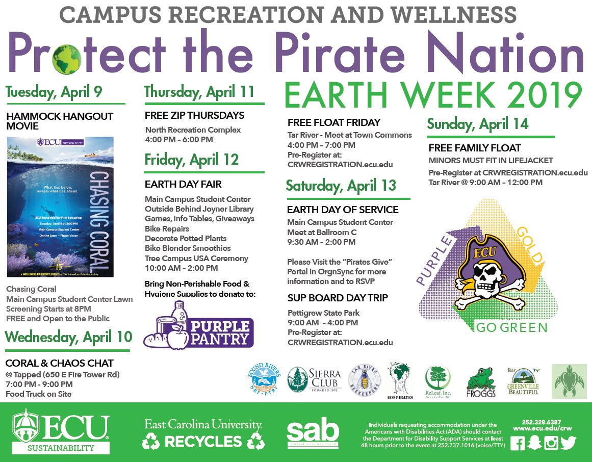 Don’t forget to add all these awesome #EarthWeek 🌎💚♻️ events to your calendar for next week! <a href="/EastCarolina/">ECU</a> @ECUCLCE @ECUProfessor <a href="/ecu_eco_pirates/">Eco Pirates</a> <a href="/ECURecycles/">ECURecycles</a> <a href="/Pir8ClubSports/">ECU Club Sports</a> <a href="/ECUhlthyPirates/">Healthy Pirates ECU</a> <a href="/ECU_SAB/">SAB (Student Activities Board)</a> <a href="/ECU_CRW/">ECU Campus Recreation & Wellness</a> <a href="/TEC_newspaper/">The East Carolinian</a> <a href="/SGA_ECU/">ECU Student Govt.</a> @ECUDining <a href="/ecuchancellor11/">Howard</a>