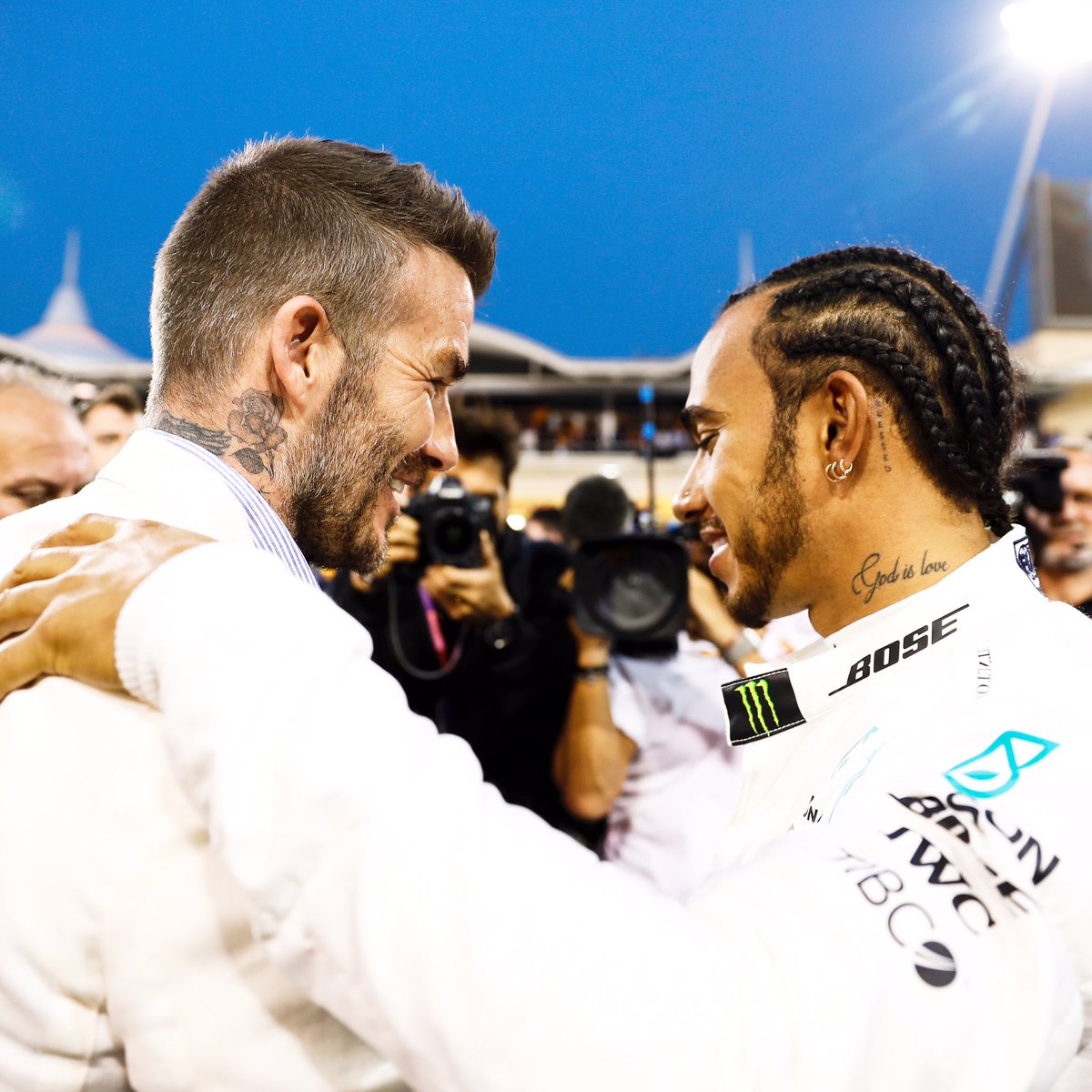 MercedesAMGF1's tweet image. When Becks dropped by 🤜🤛