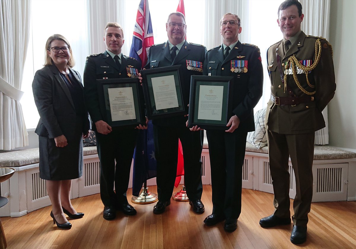 CJOC_COIC's tweet photo. Today, Capt Nick Santo, Maj Jeremy Watts, and LCol Ryan Moore were awarded with Commendations from the @DeptDefence for the immediate action they took to assist an injured Australian Defence Force Officer while deployed on #OpJADE. Bravo Zulu!
Read more: https://t.co/YaunjFZjXl https://t.co/oMeholMkzj
