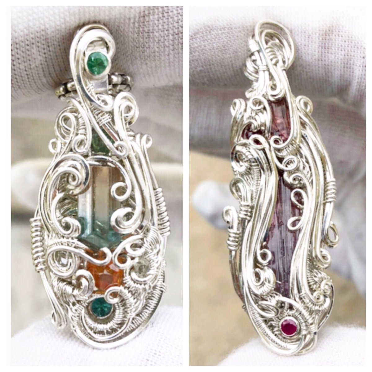 alex_litin's tweet photo. My most recent creations. Pleased with how these ones came together. Send me a DM if either catch your eye! Thanks y’all! #wirewrap #wirewrapping #wrapsofig #pendant #pendantsofig #spuninsilver #spuninsilverdesigns #paraiba #tourmaline #diamond #handmade #handmadejewelry https://t.co/D6w7yH9eGI