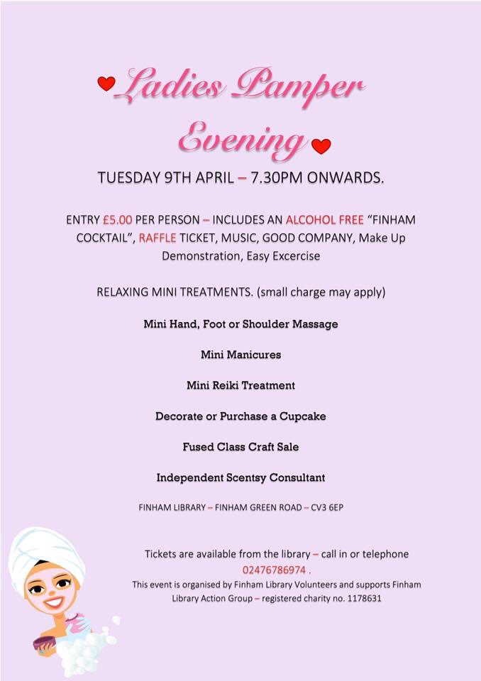 FinhamLibrary's tweet photo. #libraryfundraiser #communities #pamperevening #whatsonincoventry #covhour https://t.co/deTNYUiiww