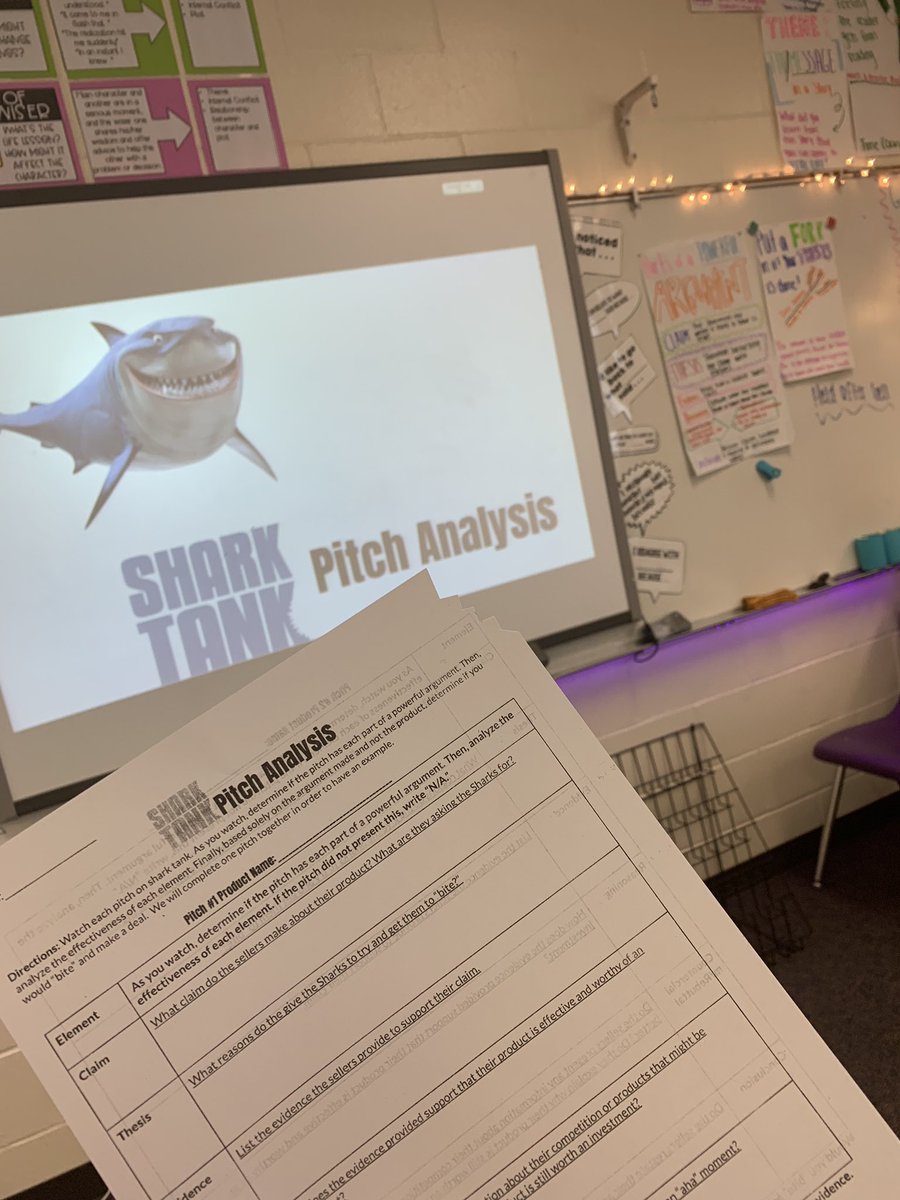 Welcome, Sharks! Today we analyzed argumentative and persuasive techniques in Shark Tank pitches! Tomorrow students will get to begin working on their own products to pitch to the Sharks. #middleschool #middleschoolela