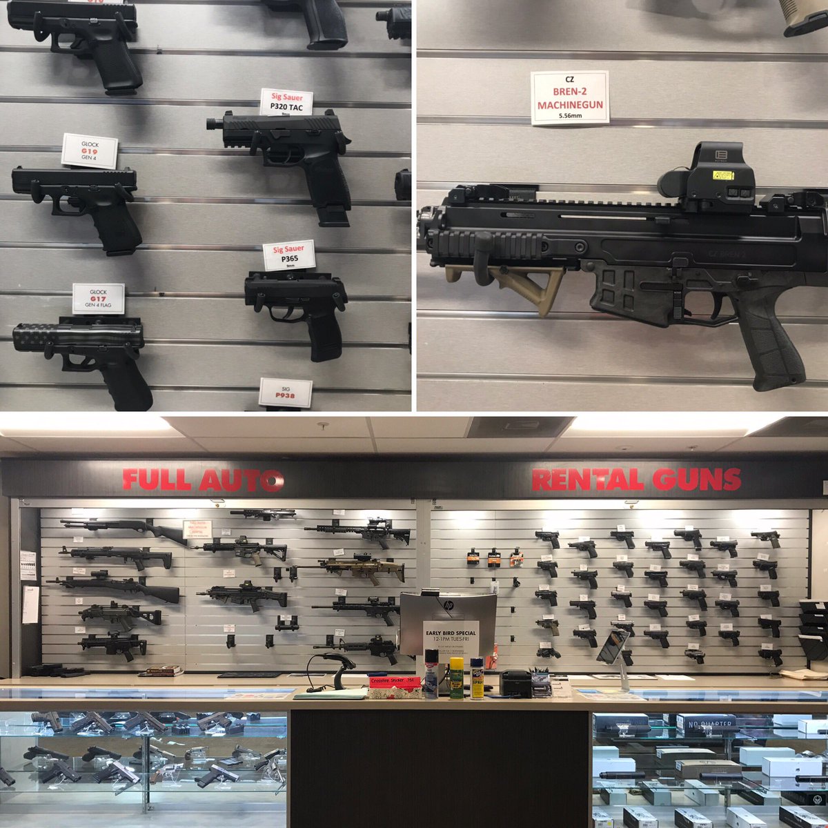 CrossFireRange's tweet image. Our rental wall has a firearm for everyone. Try before you buy or shoot our guns for fun. Fully automatic rifle? Yep. CZ Scar? Got it. Glock 43X? Yes.