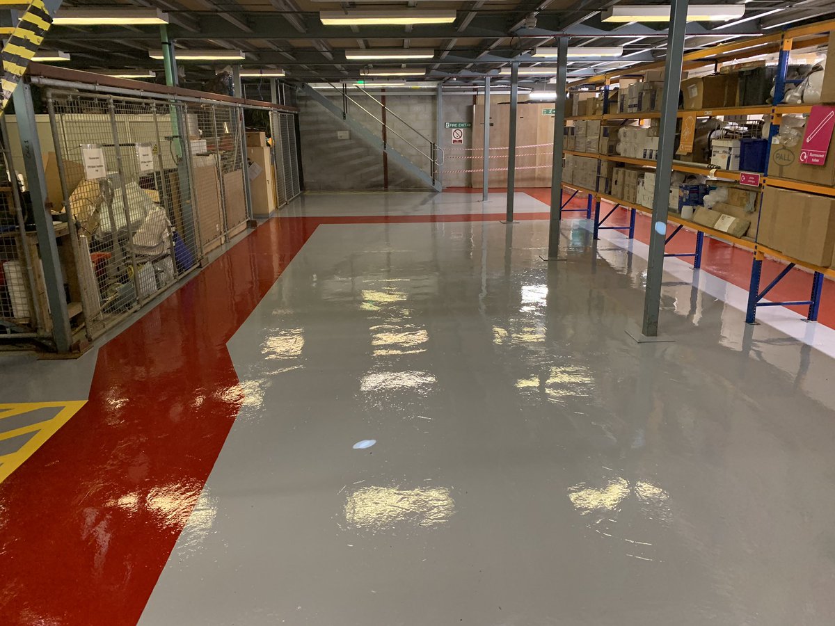 JDBushDecs's tweet photo. Another successfully completed project. This storage warehouse had its floor painted using Bradite Rapid PW74. The main areas were painted grey, red walkways marked out and reinstated and yellow hatching areas under the stairs. https://t.co/mf3rRphqv5