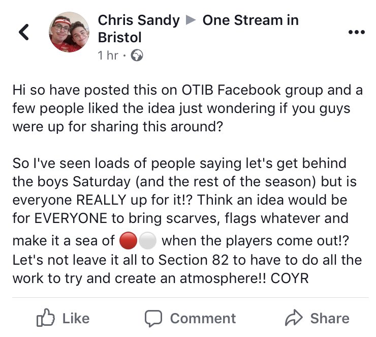 Great idea from Chris Sandy - get this shared around the various fan groups and social media and let’s make it happen on Saturday. What d’ya reckon @Section82BCFC @ForzaRevolution @bristolcity <a href="/BCFC_Supporters/">Bristol City FC Supporters Page</a> @OSIBpodcast <a href="/BristolCity/">Bristol City FC</a>SCT #BristolCity