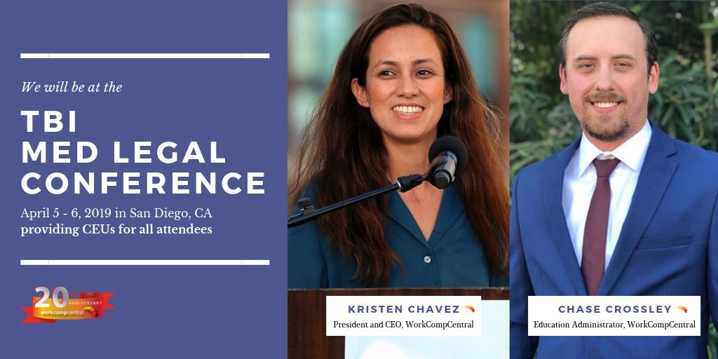 WorkCompCentral's tweet photo. We are happy to be providing Claims and MCLE CEUs for all attendees of the #TBIMedLegal Conference! Say hello to @NchavezKristen and Chase Crossley who will be ensuring people from over 30 states receive their credits πͺππ€ #workerscomp #WCCEDU19 #BIACAL https://t.co/vhA5f8FQ4U