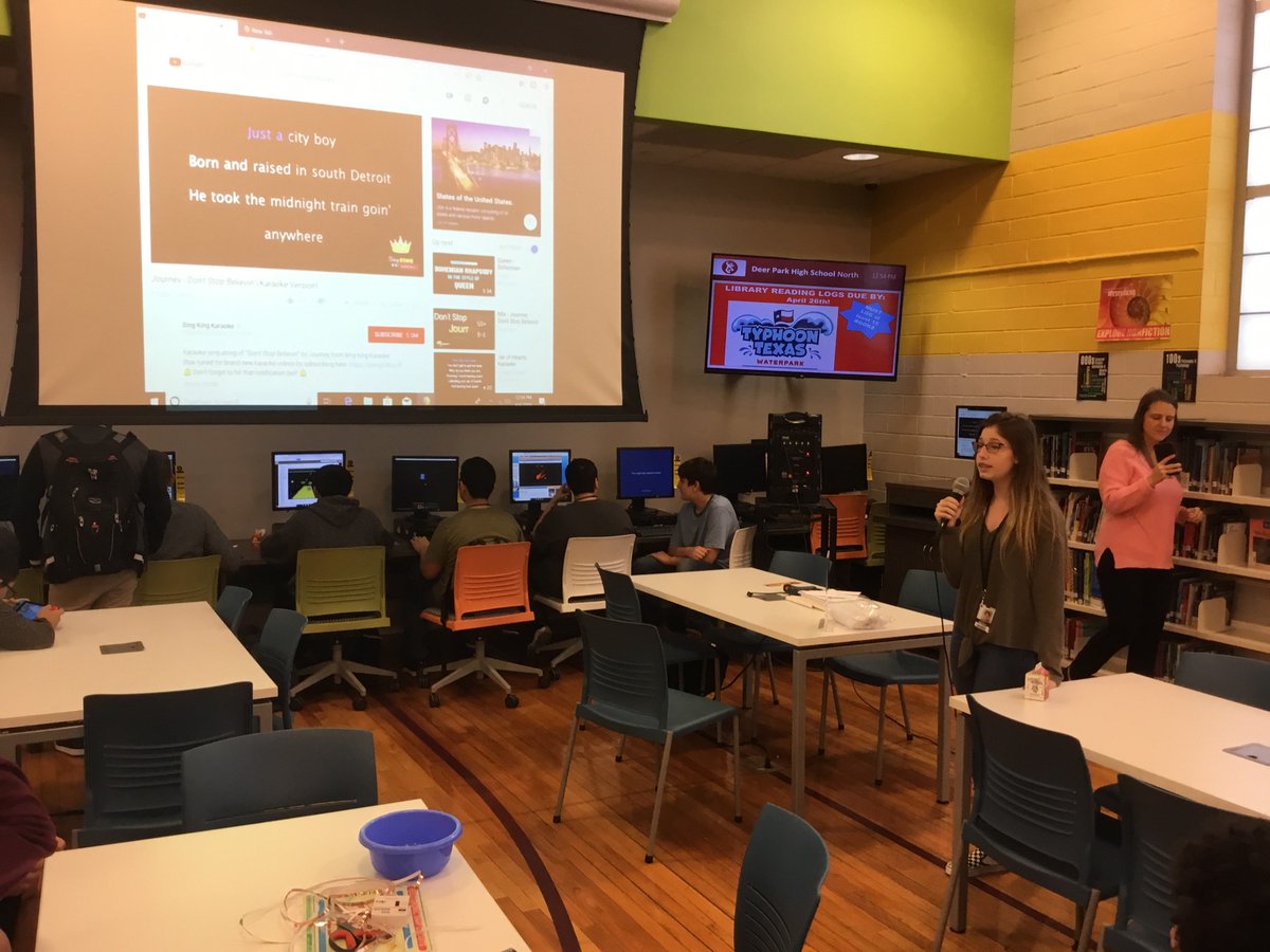 AfarleyNc's tweet photo. Today at Deer Park North Campus Library karaoke and musical performances entertained our lunch crowd! We have some serious talent here, 
@DPISD 
@DPISD_North https://t.co/qhaZ0rfa5F