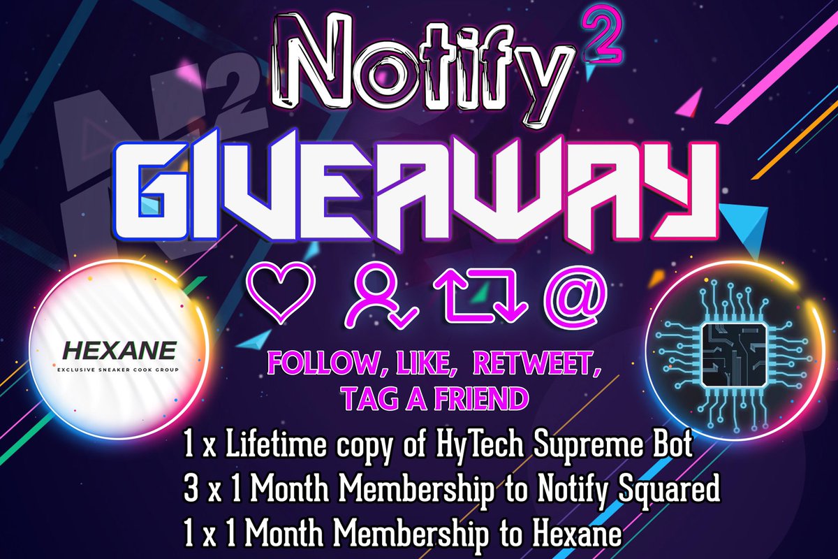 N2FTOfficial's tweet photo. 🚨HUGE GIVEAWAY!🚨

RULES:

RETWEET
LIKE
TAG 1 FRIEND

⚠️FOLLOW:⚠️
@NotifySquared
@HytechIO 
@hexanenetwork 

🔥PRIZES:🔥
1 x LIFETIME COPY OF HYTECH SUPREME BOT
3 x 1 MONTH MEMBERSHIP NOTIFY SQUARED
1 X 1 MONTH MEMBERSHIP HEXANE https://t.co/C7nOXw8Xnz