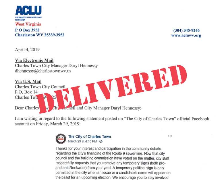ACLU_WV's tweet photo. 🚨BREAKING: We sent a letter today to the City of Charles Town demanding they repeal a recently passed ordinance that prohibits Rockwool signs on private property - a direct violation of the First Amendment of the U.S. Constitution.
READ: https://t.co/oNWmX9XMyd https://t.co/JadWHzjrxg