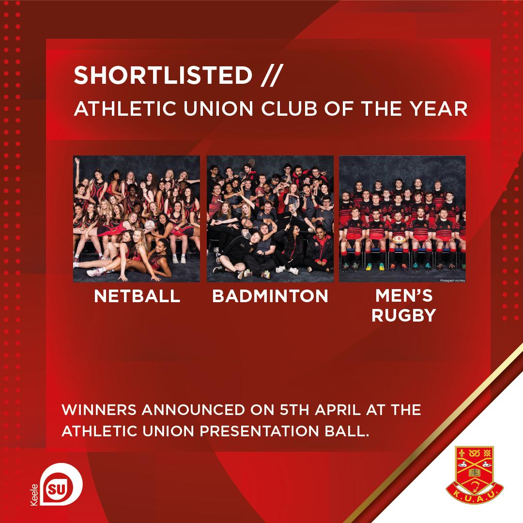 And finally...
Who will be taking home AU Club of the Year 🏆

🏸 <a href="/teamkeelebads/">Keele Badminton</a> 
🏉 <a href="/KeeleMensRugby/">Keele Mens Rugby</a> 
🏐 <a href="/keelenetball/">Keele Netball</a>

Keep an eye on <a href="/teamkeele/">Team Keele</a> tomorrow evening to find out who has won 🎉🎉