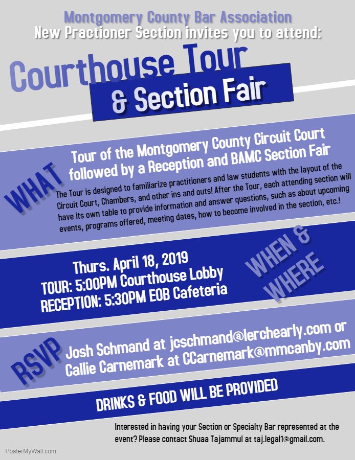 BAMC_law's tweet photo. The BAMC New Practitioner Section invites you to the annual courthouse tour and section fair on April 18th! See flyer for details! https://t.co/8oLgfvFuQ6