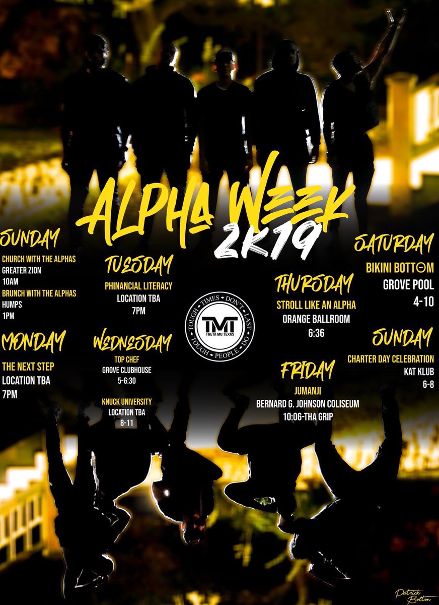 offsetqueque's tweet image. @ThetaMuAlphas got next week going stupid everyday it’s sumn‼️

#KnuckUniversity #SLAA2K19 #JumanjiSHSU #AlphaWeek2K19 
#SHSU #UH #PV #BU #TTU #TAMU #TAMUC #UTSA #TxSU #TXST #LU #SFA