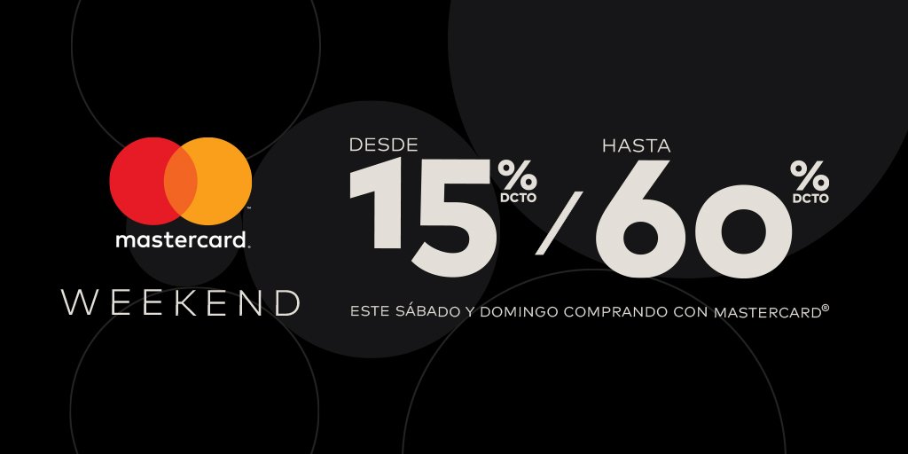 ParqueArauco's tweet photo. ¡Aprovecha el Mastercard Weekend este 6 Y 7 de abril! 😁 Disfruta de hasta un 60% de descuento en marcas adheridas. Más información aquí 👉 https://t.co/kaU1KabDKP https://t.co/BaLUxSD4Ot