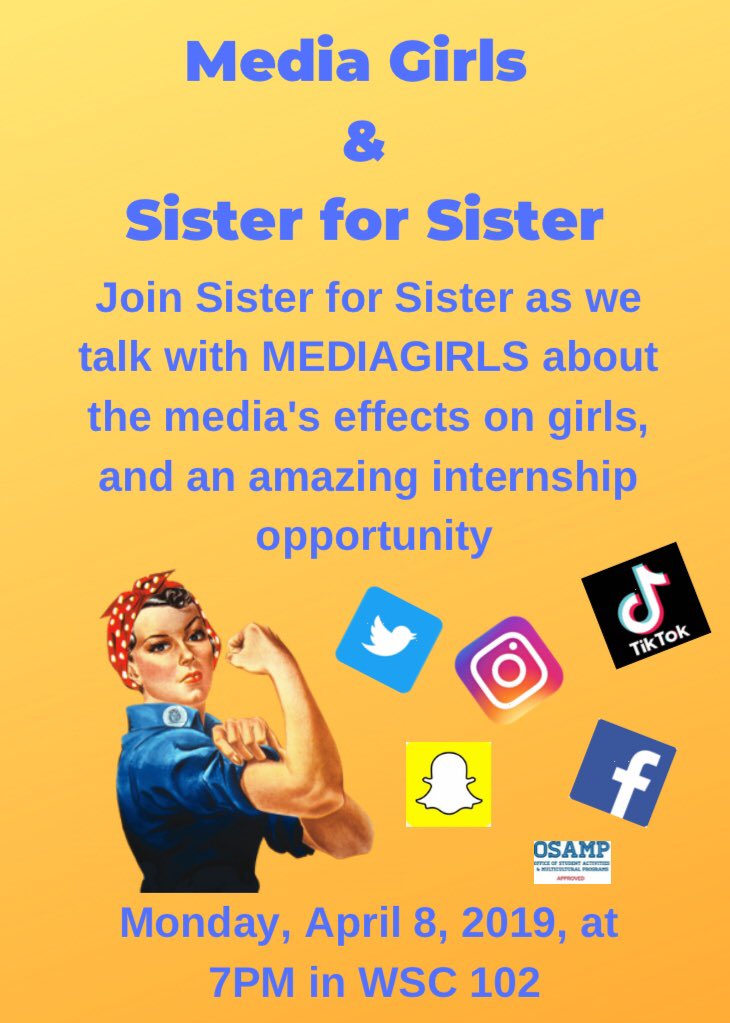 Join sister for sister on Mon. April 8th @ 7 PM, for an amazing talk of media’s effects on young girls, and working with Media Girls for an amazing internship opportunity! Can’t wait to see you there!
