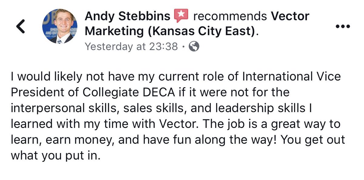 VectorMarketing's tweet photo. Check this out! The skills @cdecavpandy gained from Vector has impacted his current role as the International Vice President of @CollegiateDECA. Keep on keepinโ on, Andy! #TheVectorImpact #SkillsForLife https://t.co/BN6jqIyqIw