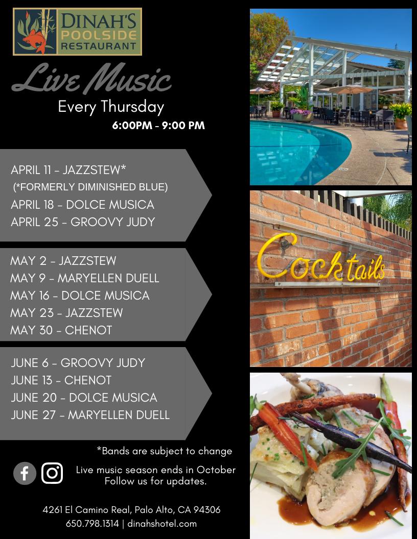 DinahHotel's tweet photo. Mark your calendars! Live Music Season starts April 11th every Thursday through October #escapetodinahs #livemusic #mountainview #paloalto #stanford #boutiquehotels #alfrescodining #playbythebay https://t.co/cDg6woBb3n