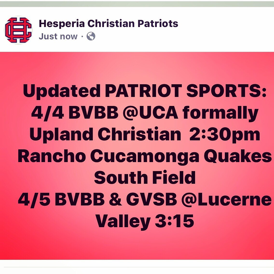 Patriots Sports Update: 4/4 Boys Varsity Baseball plays United Christian Academy (UCA) formally Upland Christian, at Rancho Cucamonga Quakes complex south field. 2:30pm

4/5 BVBB and GVSB @ Lucerne Valley HS @ 3:15