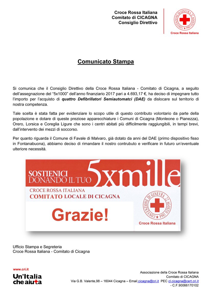 CRI_Cicagna's tweet photo. A seguito dell’assegnazione del “5x1000” dell’anno finanziario 2017, pari a 4.693,17 €,  abbiamo deciso di impegnare tutto l’importo per l’acquisto di quattro Defibrillatori Semiautomatci (DAE) da dislocare sul territorio di nostra competenza. #UnItaliaCheAiuta #cisiamopertutti https://t.co/Kzb0eUol1N