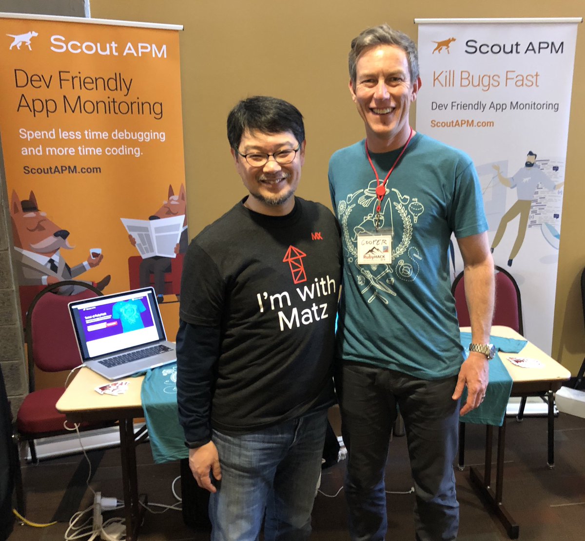ScoutAPM's tweet image. Thrilled that Matz @yukihiro_matz stopped by the @ScoutAPM table at #RubyHack - he got a handsome tshirt, and you can too at try.ScoutApp.com/RubyHack