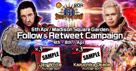 njpwglobal's tweet photo. Follow &amp; Retweet campaign!

Win a chance to receive an autograph from Jay or Okada!

More details on the official NJPW website:
 https://t.co/btnMiwSUOu  

Watch the #G1SuperCard at MSG, April 6th on  https://t.co/o5BfIDEgGX https://t.co/DD2SXsl4Zp