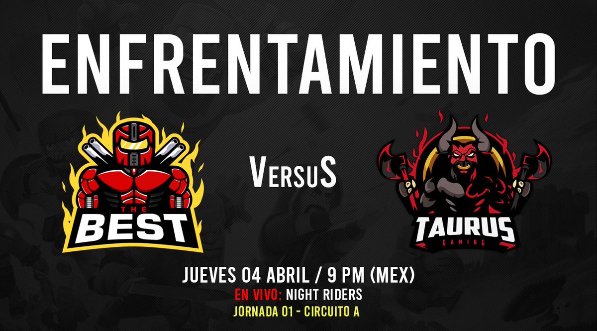 ¡CHOQUE DE TITANES!

Los esperamos a todos en punto de las 9PM hra México, por el canal de @NightRidersARG .

<a href="/TheBestGG1/">The best gg</a> VS <a href="/TaurusGamingGG/">Taurus Gaming™</a> - Jornada 01.

Link del canal: bit.ly/2UfAUlV

#LNM