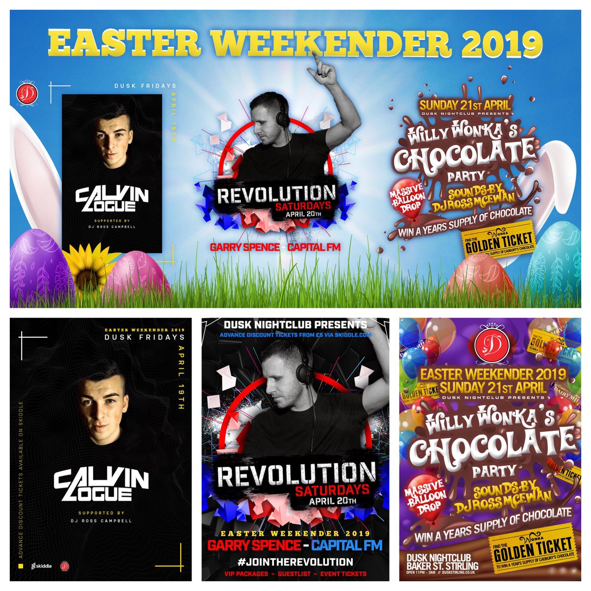 🎉 E A S T E R  W E E K E N D E R  2 0 1 9 🎉

FRI, 19/04 - <a href="/calvinlogue/">Calvin Logue</a> 

SAT, 20/04 - Capital FM’s <a href="/garry__spence/">Garry Spence</a> 

SUN, 21/04 - Willy Wonka Chocolate Party 🍫 Find the Golden Ticket 🔸 &amp; WIN a years supply of Cadbury chocolate😋

<a href="/skiddle/">Skiddle</a> Ticket Link: skiddle.com/whats-on/Stirl…