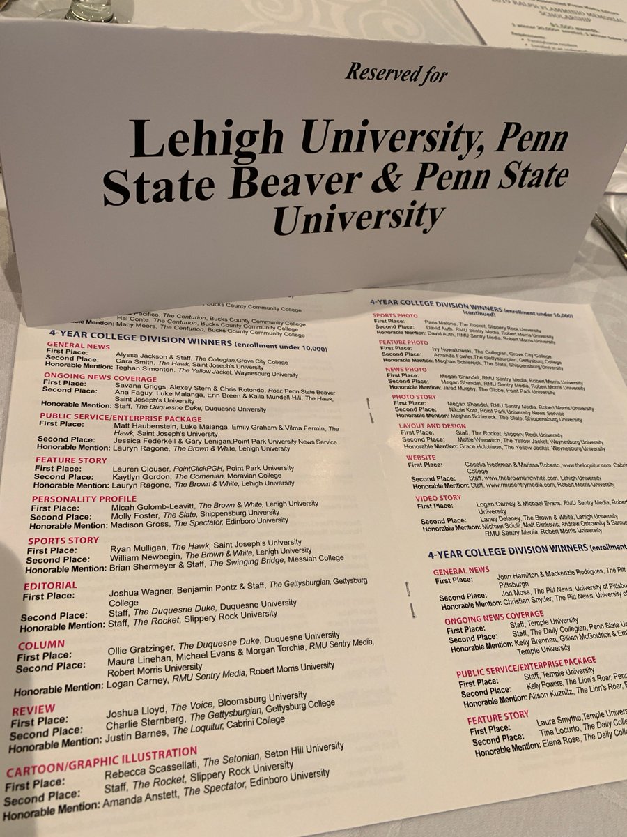 MattVeto's tweet photo. Each year, several @lehighu student journalists @lubrownwhite are honored for their excellence in reporting at the Keystone Student Press Awards. They don't chase awards, but this recognition is a nice reminder of the important duties they undertake: tell stories, pursue truth. https://t.co/G6IExzqbLe