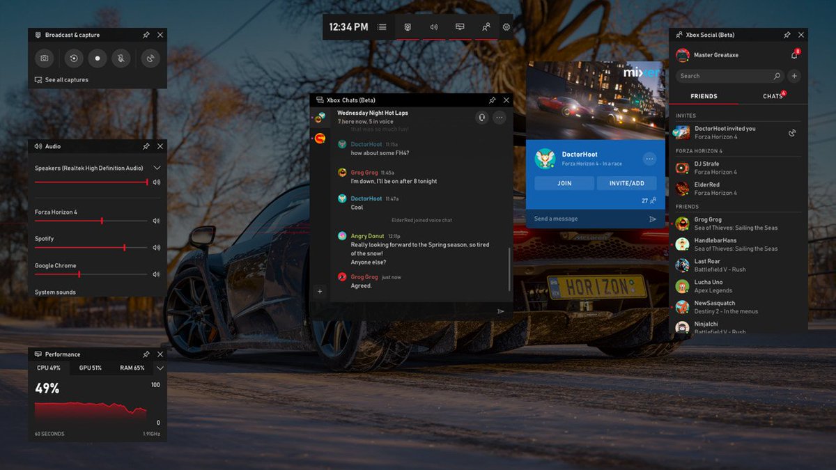 tomwarren's tweet photo. Microsoft is going to please PC gamers today. This is the new Xbox Game Bar. It has widgets, audio controls, Spotify integration, and it all works like an overlay. Looks promising for Microsoft’s plan to fix its Windows 10 gaming features. Details here: https://t.co/Xu3DuWrhVI https://t.co/unHlvlE9b8