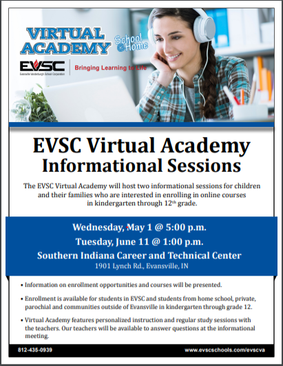 EVSCVirtualAcad's tweet photo. Curious about the EVSC Virtual Academy and virtual? Come see what it's all about! Attend one of our upcoming informational meetings: May 1 (5:00 pm) &amp;  June 11 (1:00 pm). Both will in our classroom at the Southern Ind. Career &amp; Technical Center. See you there! @EVSC1 https://t.co/rtgMoHfO76