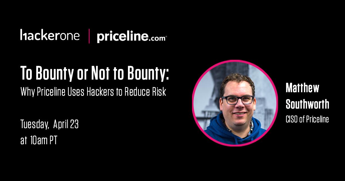 Hacker0x01's tweet photo. April 23 @ 10 AM PT / 1 PM ET, @bronx, CISO of @priceline, will share why they work with hackers to reduce risk, leading the travel and booking industry when it comes to security, and how to make the most out of a #hackerpowered program. Join us: https://t.co/wG6mUvH0pi https://t.co/qZDAlN1BHy