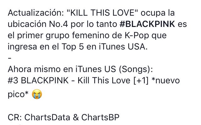 BPINKLATINO's tweet photo. "KILL THIS LOVE" se convierte en la canción con la ubicación más alta de un grupo femenino de K-Pop en la historia de iTunes USA. Superando a "Kiss and Make Up", también de BLACKPINK &amp; DUA LIPA.@ygofficialblink #KILLLTHISLOVEwithBLACKPINK https://t.co/qVIZorcRaJ