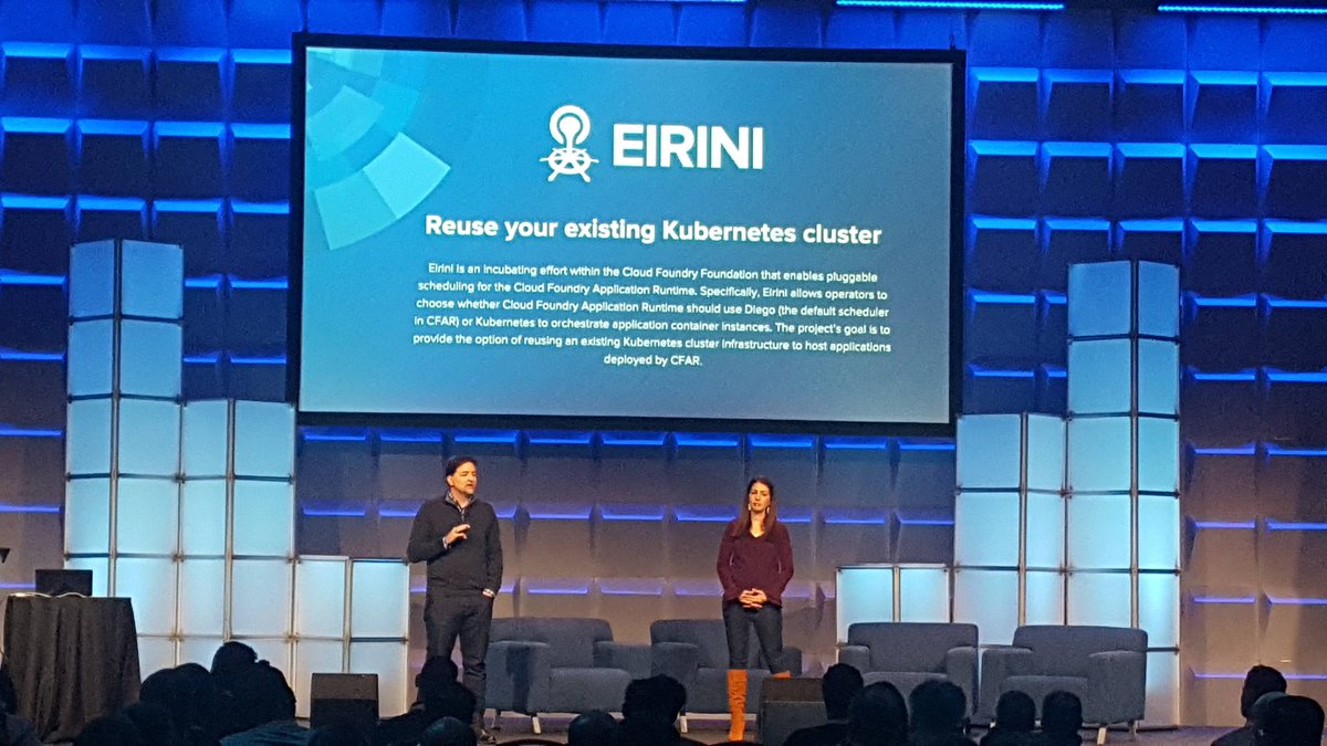 CarlSSwanson's tweet photo. Excellent pres by @jrmcgee &amp; @FranklyBriana at @cloudfoundry Summit talking about the CF + Kubernetes Eirini project, critical development team experience, and how awesome companies like @SUSE @SAP @GCPcloud @pivotal &amp; @IBMcloud are engaging! @IBMcloud @trungevh @doctor_julz https://t.co/lorPWIk7GQ