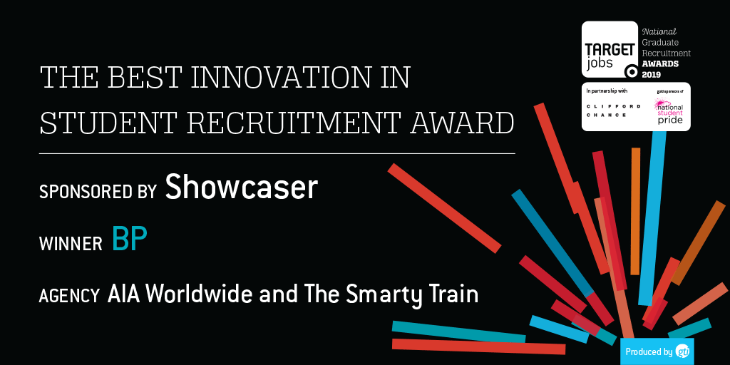 The best innovation in student recruitment award, sponsored by <a href="/showcaser/">Showcaser</a>, goes to @BP_UK,  <a href="/aiaworldwide/">AIA Worldwide</a> and <a href="/thesmartytrain/">The Smarty Train</a>, Congratulations! #TJawards2019