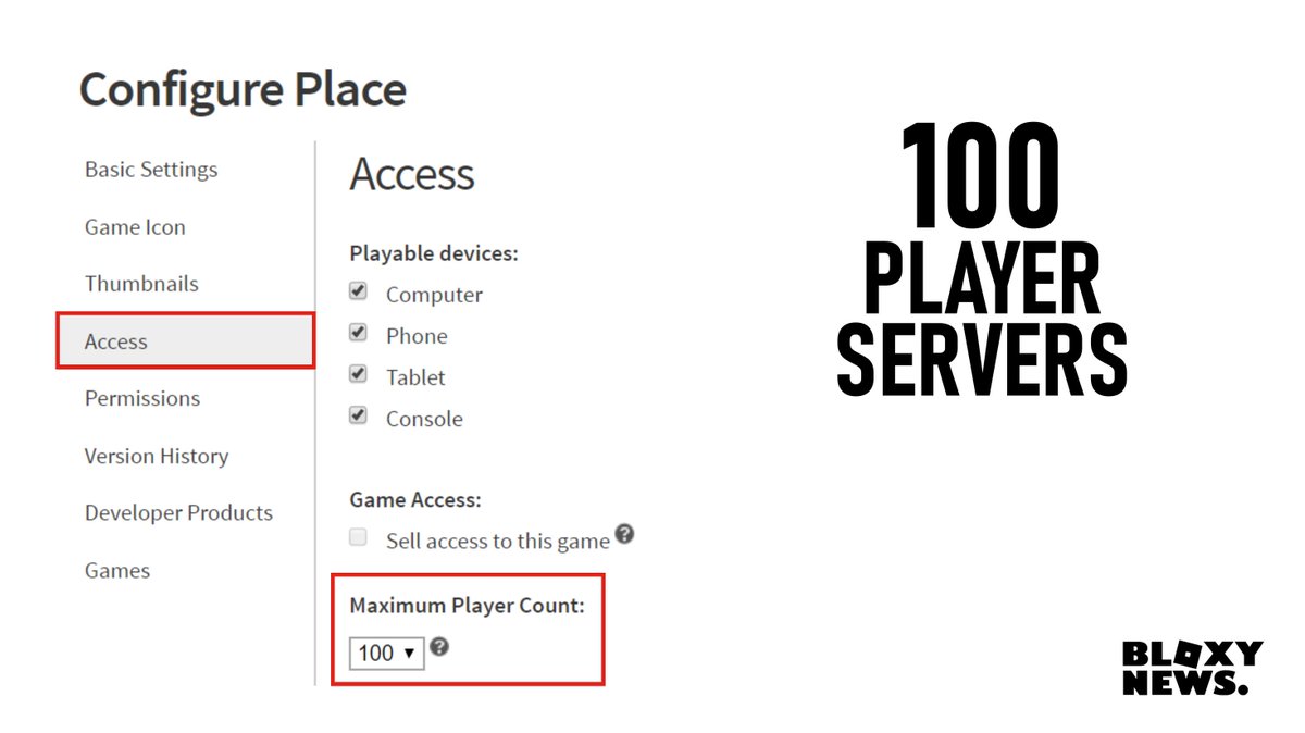 Bloxy_News's tweet photo. #BloxyNews | Exciting news for #RobloxDev! Everyone can now make their Max Player Count for their game up to 100 Players (previously 50)! #Roblox

Read more on this change, and how to sign up for the upcoming 200 Max Player Count Beta here: https://t.co/8zfxCyMK2B https://t.co/x6xMTj9LUT